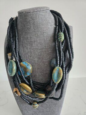 Vintage "You & I" Dyed Coconut & Glass Designer Beaded Necklace